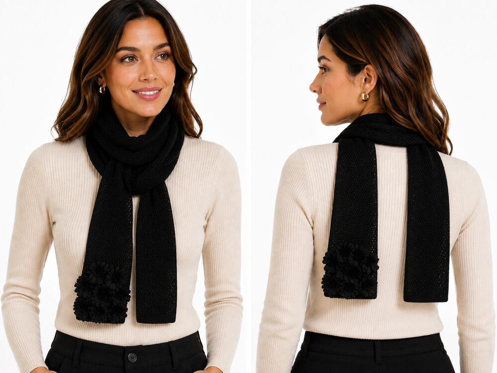 Kinross Cashmere Black Knit Scarf Rosette Floral Trim 5x36